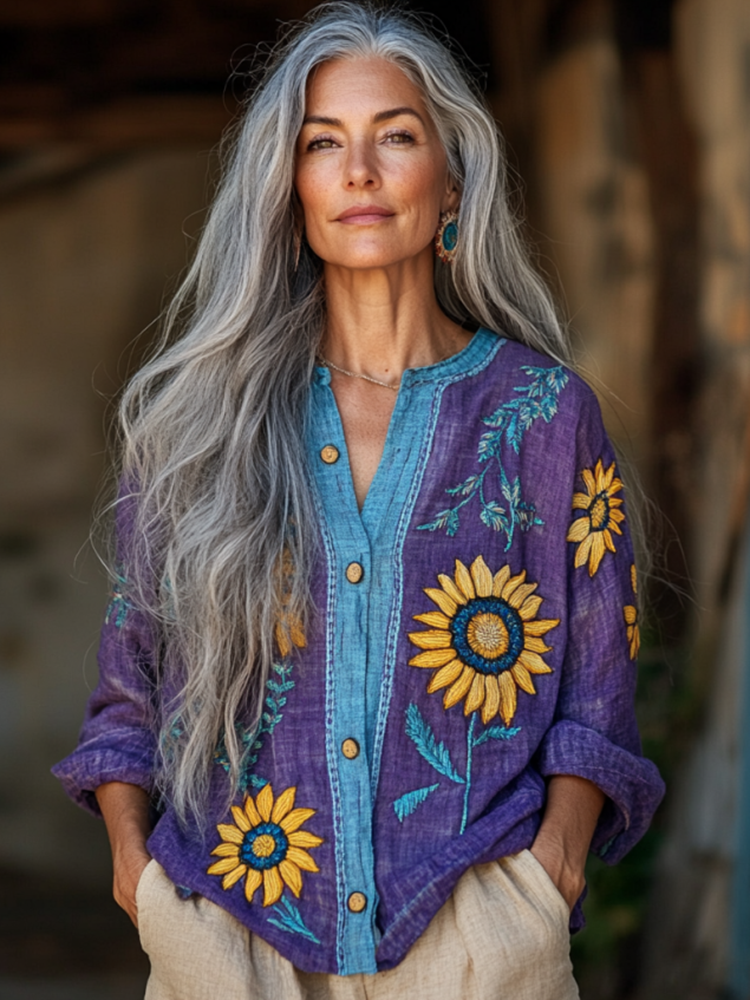 Ukraine Sunflower With Bohemian Linen Floral Art Print Long Sleeve Loose  Shirt