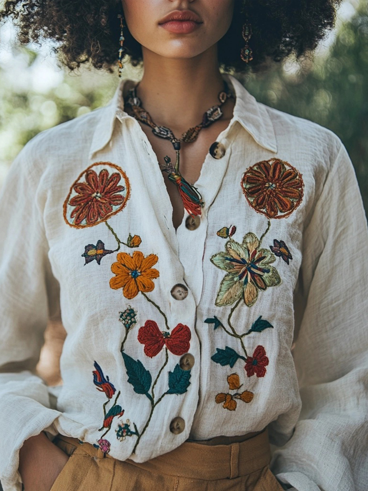 Vintage Floral Embroidered Linen Blend Blouse