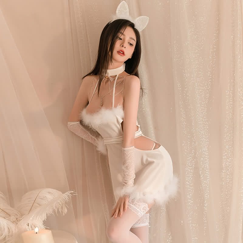 Cosplay Bunny Halter Hollow Out Fuzzy Lingerie Dress