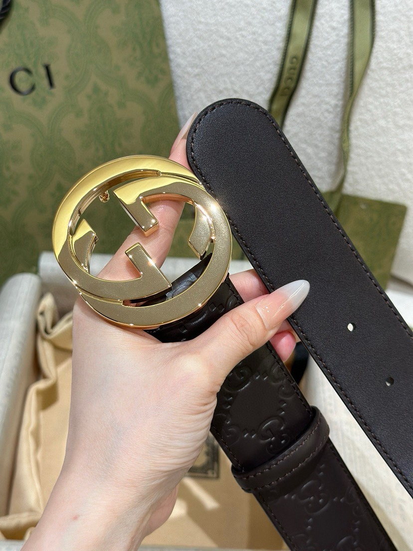 Gucci classic embossed leather belt width 4.0cm