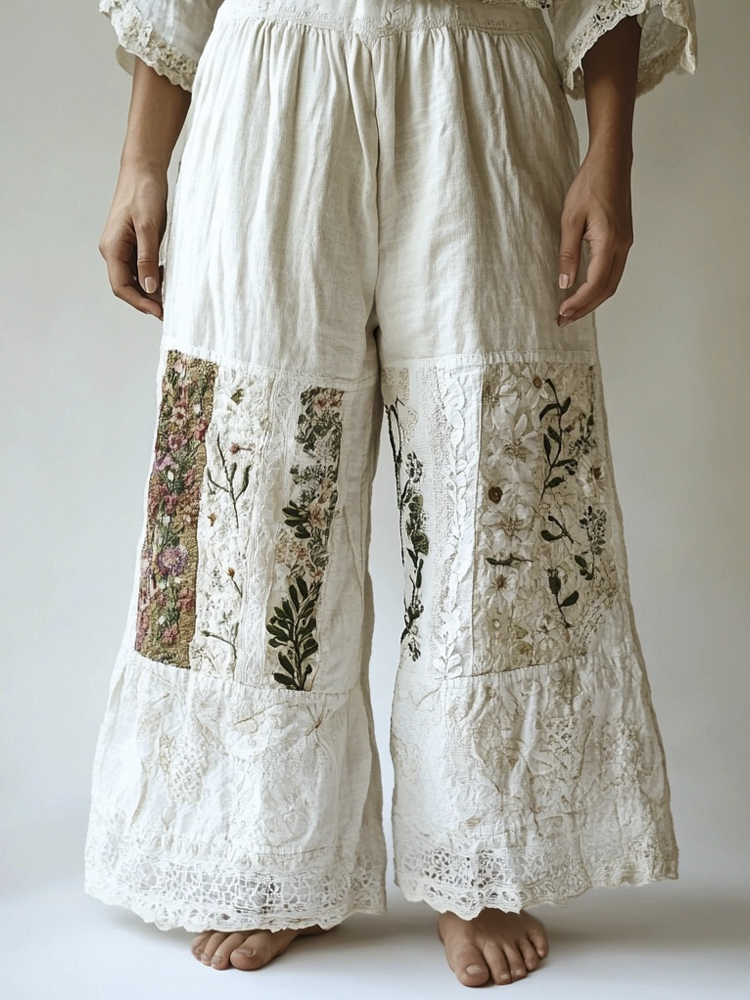 Bohemian Floral Lace Patchwork Embroidered Women's Linen Pants