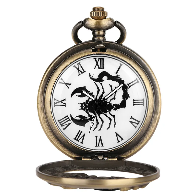 Bronze Half Hunter Roman Numerals Analog Quartz Pocket Watch for Men Women Hollow-out Scorpion Design Sweater FOB Chain Gift