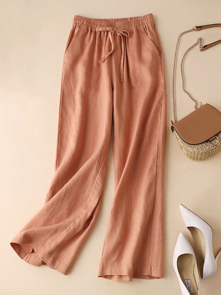 Solid Color Cotton Linen High Waist Straight-Leg Casual Pants