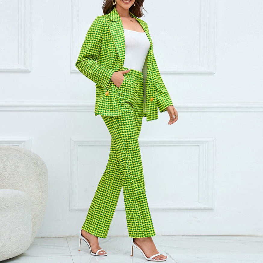 Houndstooth Double-Breasted Blazer and Slim-Fit Straight Trousers Suit for Women