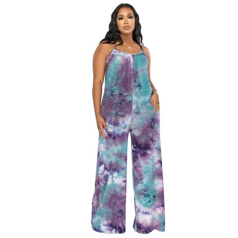 Plus Size New Tie-Dyed Printed Sling Casual Pants Straight Stylish Loose Jumpsuit