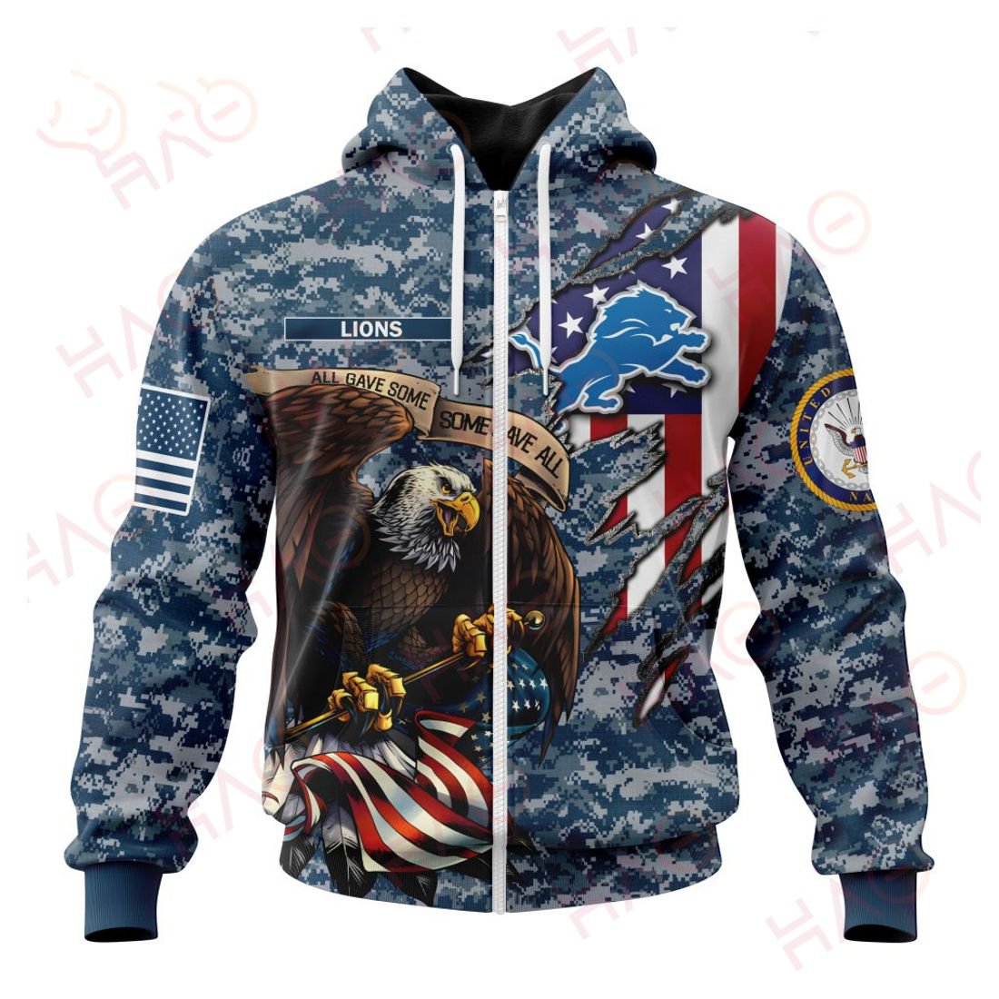 DETROIT LIONS 3D HOODIE US NAVY VETERANS