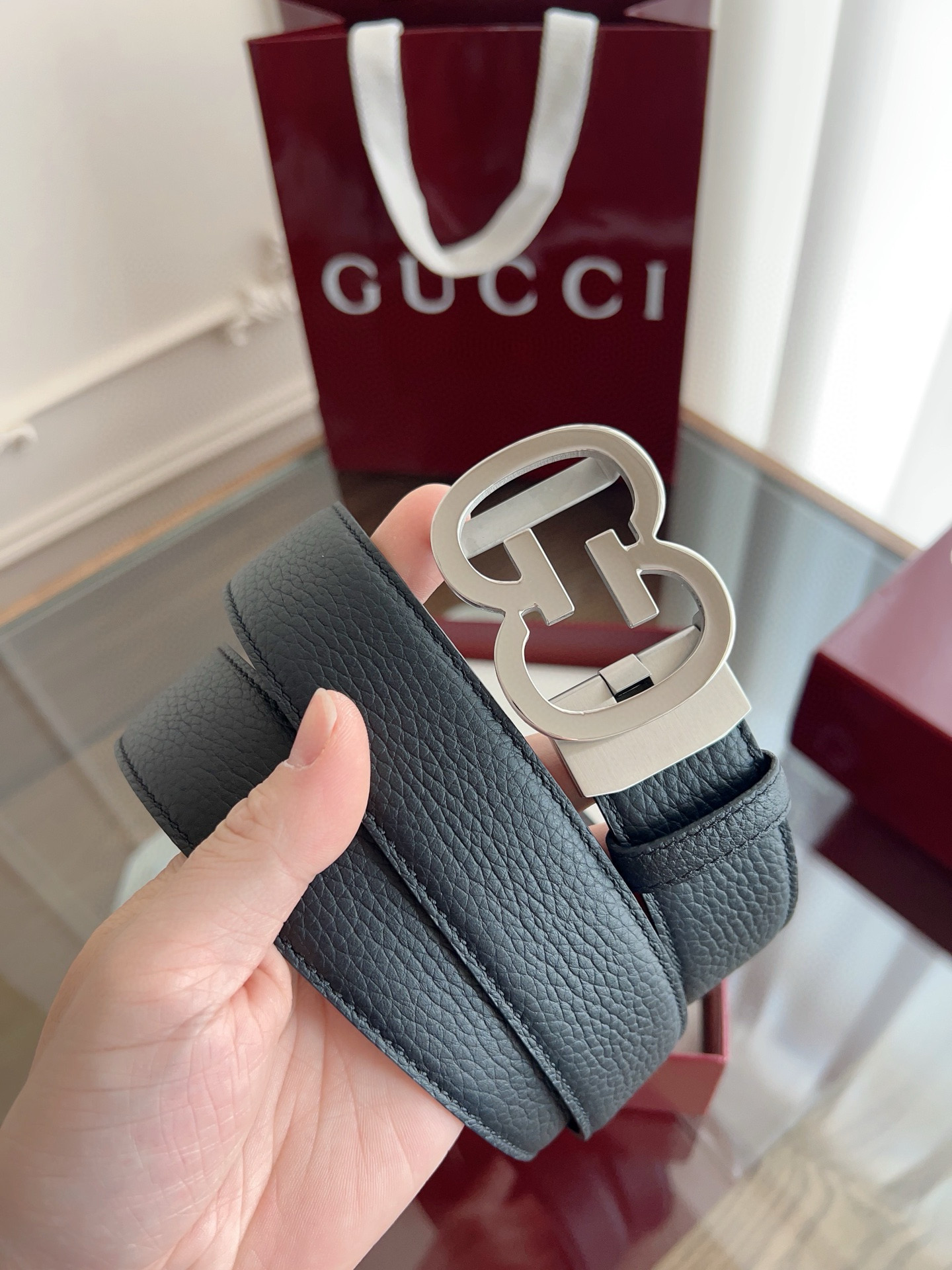 Gucci automatic smooth buckle double-sided cowhide belt width 3.5cm