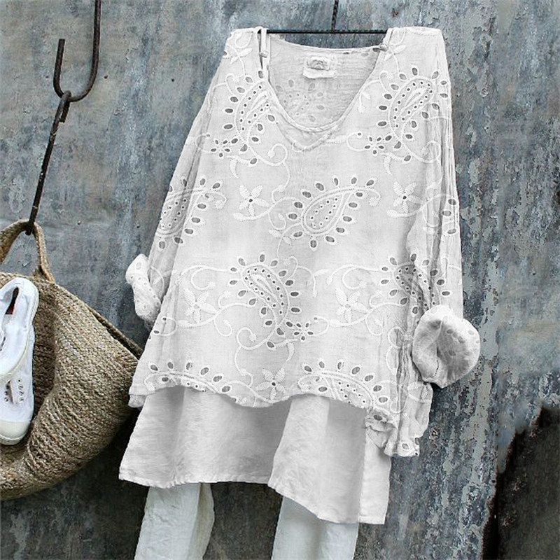 Vintage Western Paisley Floral Embroidered Lace Linen Blend Tunic