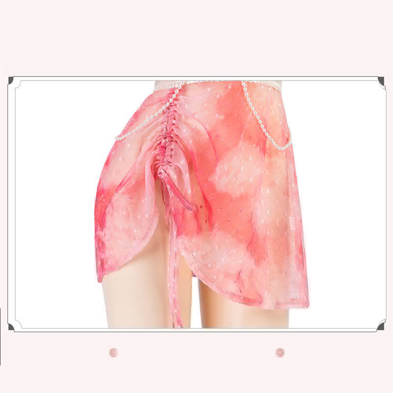 Tie-dye Deep V-neck Pearl Decor Vintage Lingerie Set