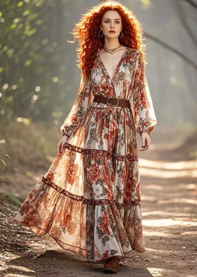 Vintage Brick Red Cinched Print Cotton Holiday Dress Spring
