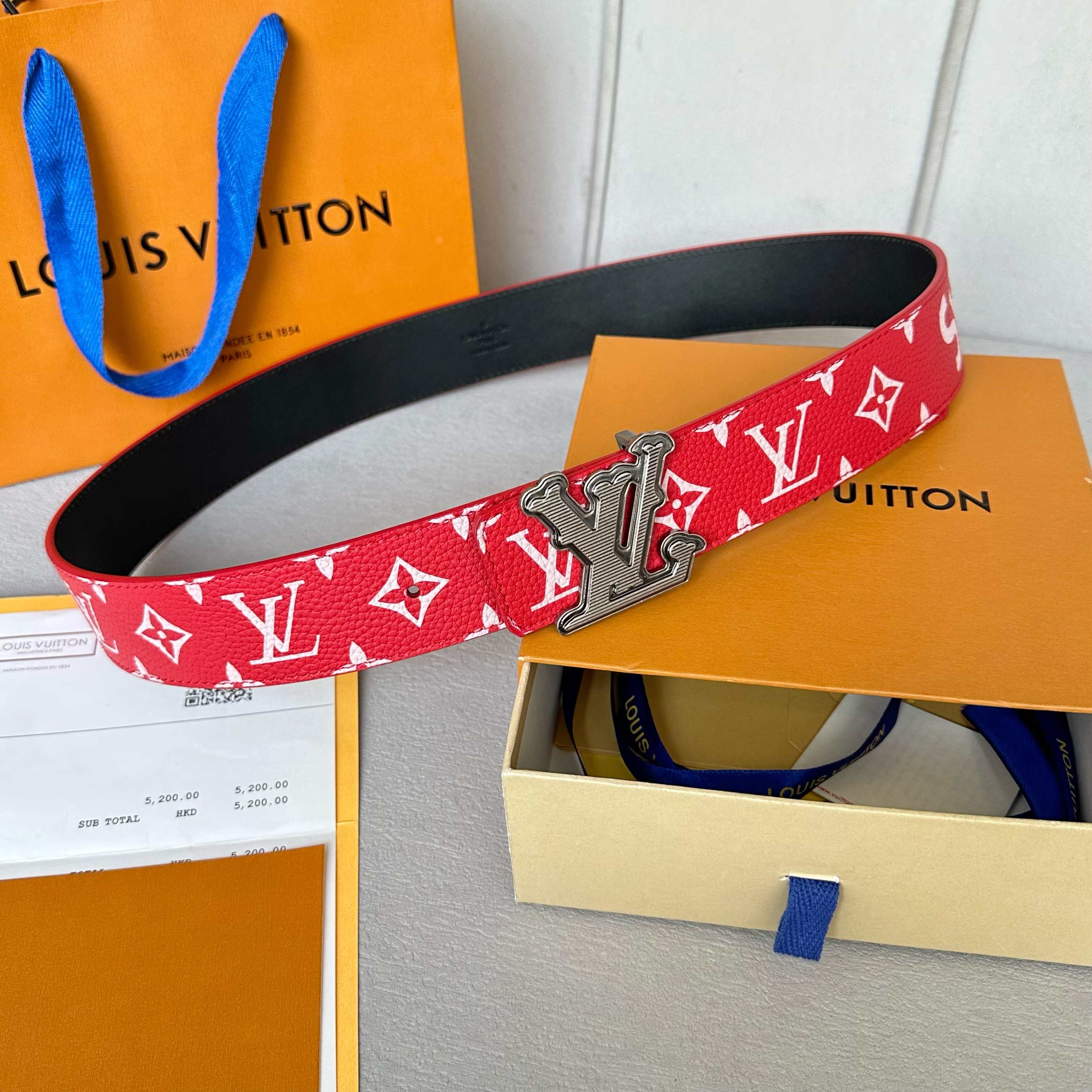 Louis Vuitton Litchi Pattern Double-Sided Cowhide Leather Belt 4CM Width