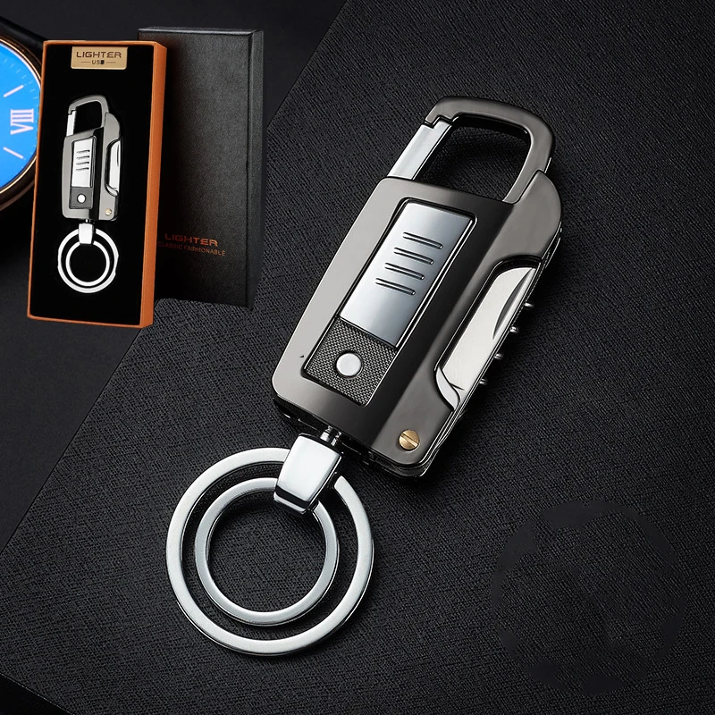 USB Rechargeable Multifunction Metal Keychain With Electronic lighter, Keychain,Opener,Paring Knife,Flashlight