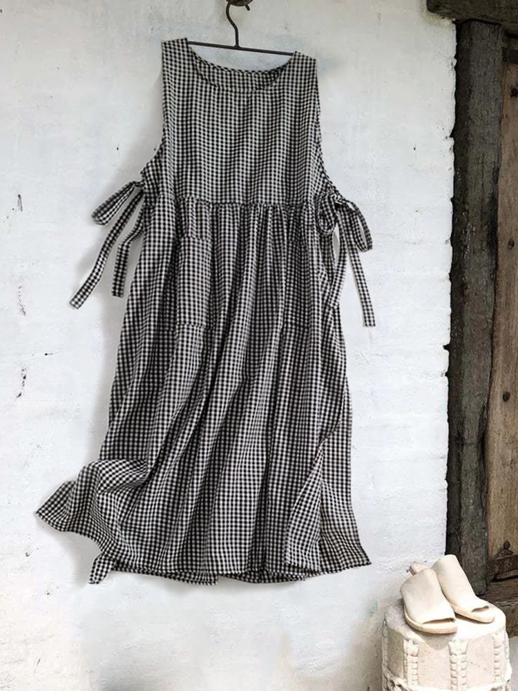 Check Patch Pockets Pleated Pinafore Maxi Dress