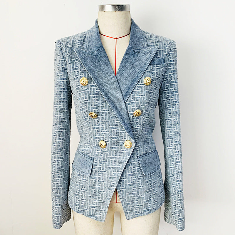 Plus Size Slim Double Breasted Lion Buckle Maze Jacquard Denim Blazer