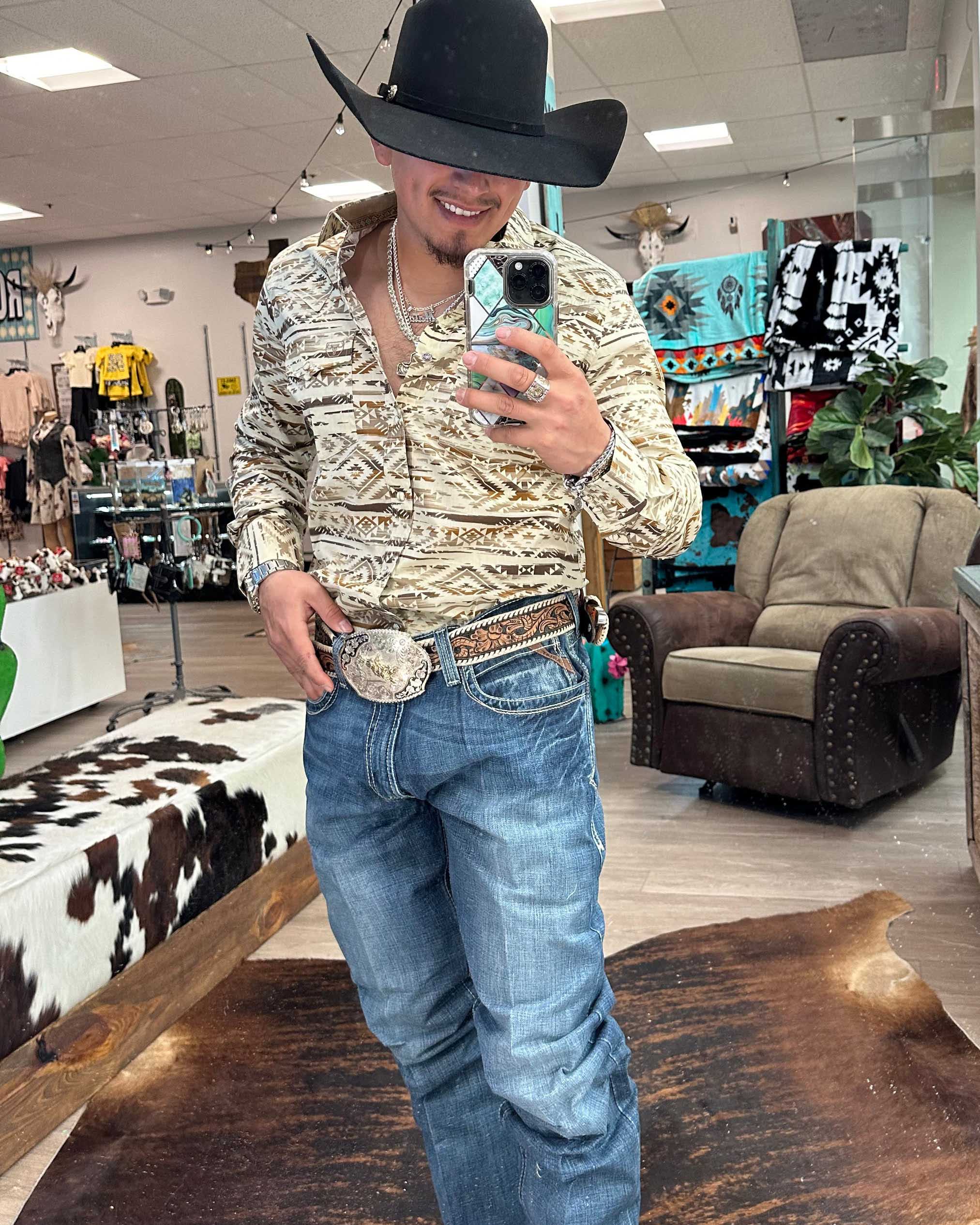 Men's Casual Retro Western Cowboy Stripe Long Sleeve Shirt