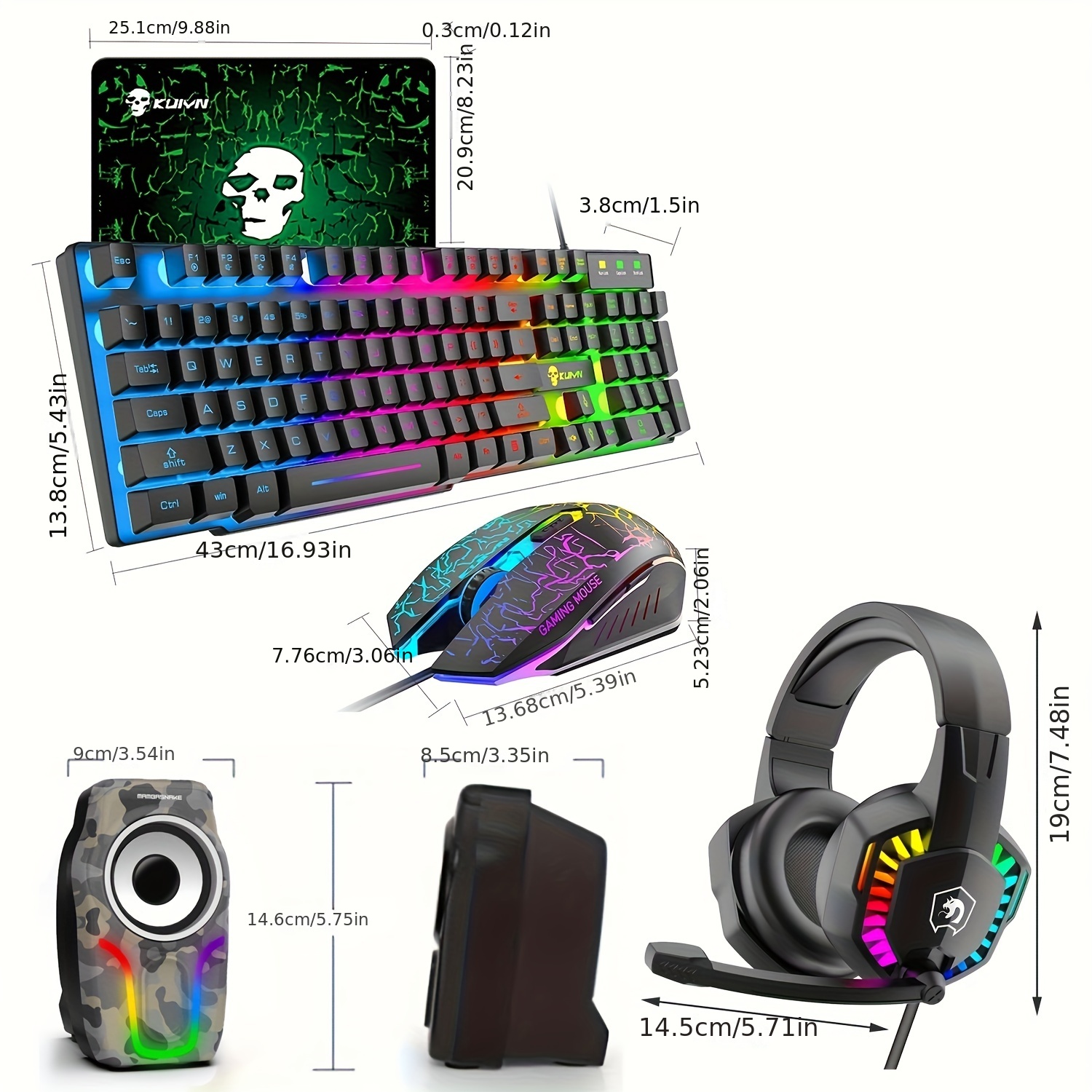 5 In 1 Gaming Combo,12W HD Sound Speakers Rainbow LED Backlit Wired Mechanical Feel Keyboard,2400DPI 6 Button Optical Gaming Mouse, RGB Gaming Headset With Mic, Gaming Mouse Pad, For PC Gaming PS4 Xbox PC Notebook