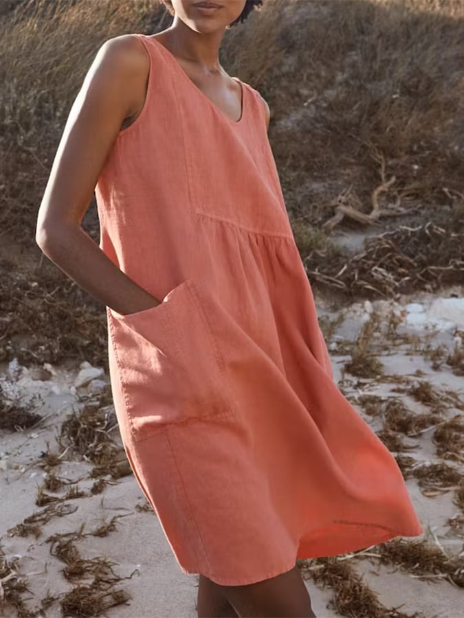 Cotton Linen Round Neck Sleeveless Pocket Simple Dress