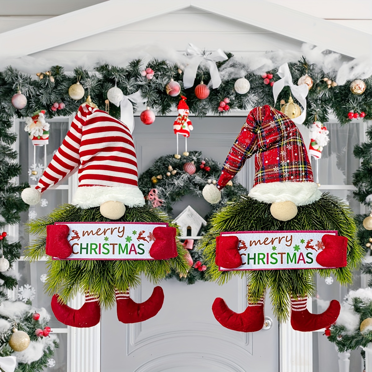 ✨🎄 Handmade Gnome Christmas Wreath with Striped Hat – Festive Door Hanging Decor🔥Buy 2 Get 10% OFF & Free Shipping