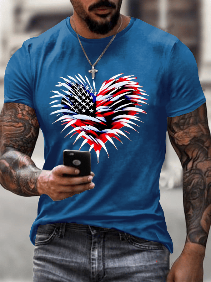 Men's Retro Independence Day Flag Heart Fireworks Print T-Shirt