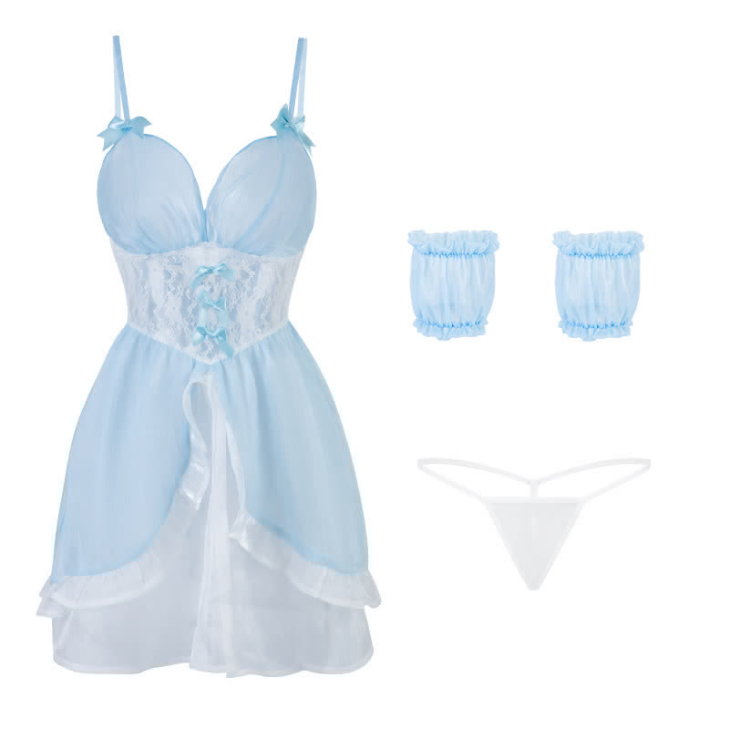 Cosplay Maid V-neck Slip Lingerie Dress Stockings Set