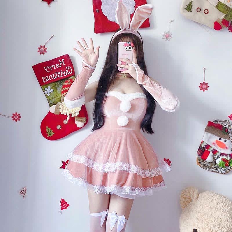 Christmas Cosplay Double Lace Fuzzy Ball Off The Shoulder Dress