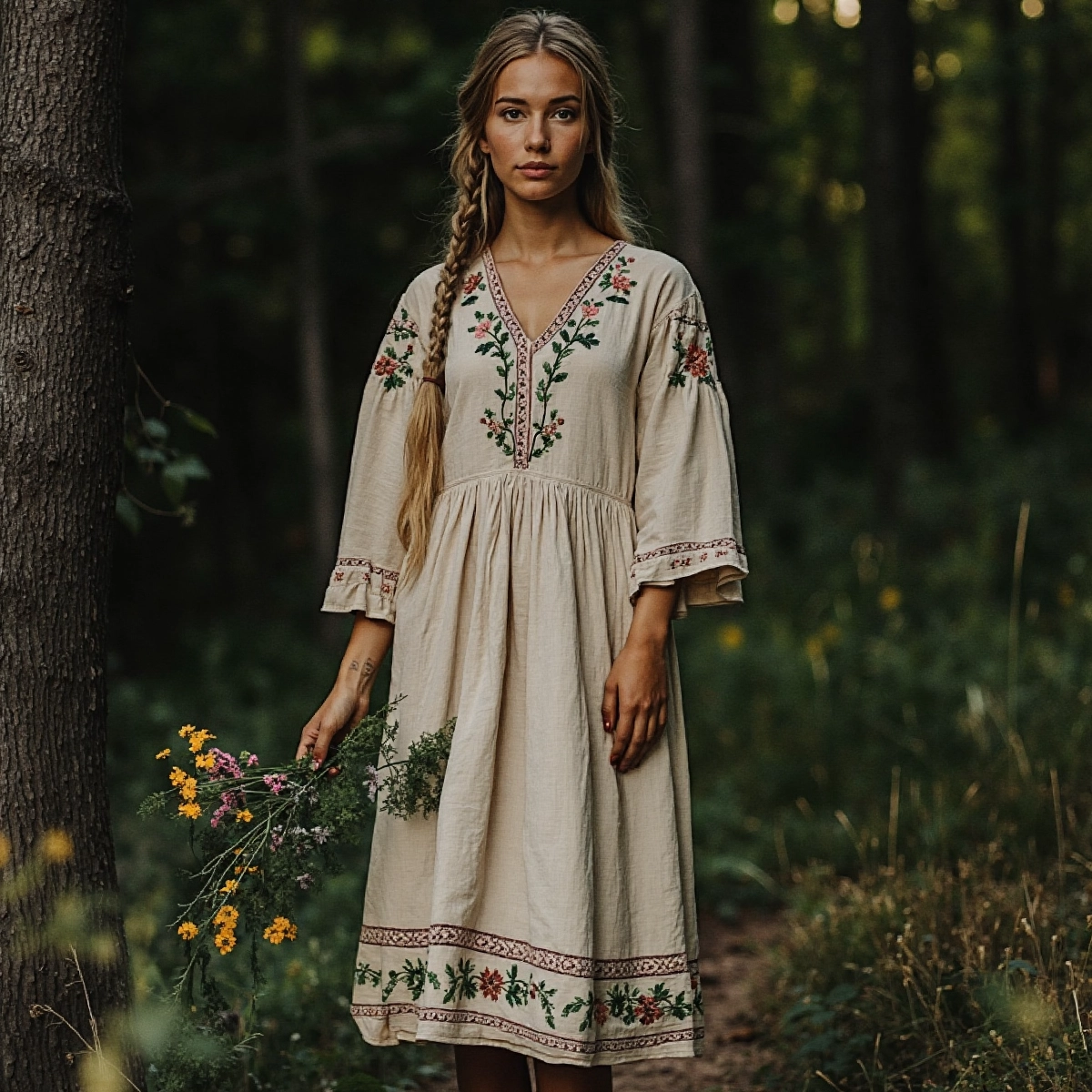 Vintage Plant Floral Embroidered V-neck Cotton Linen Dress