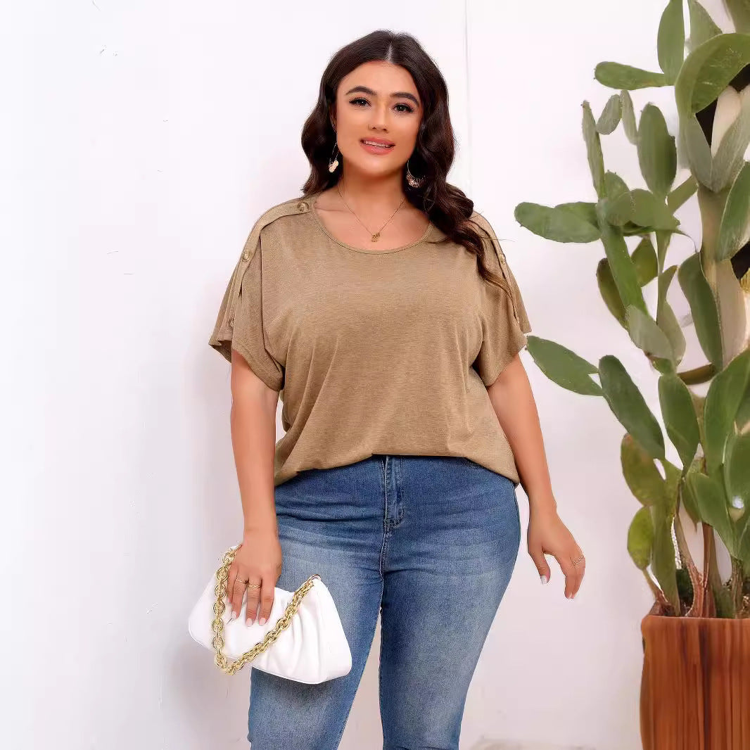 Plus Size Fastener Decoration Short-Sleeved T shirt for Women Casual Office Three Quarter Sleeve Top for Women