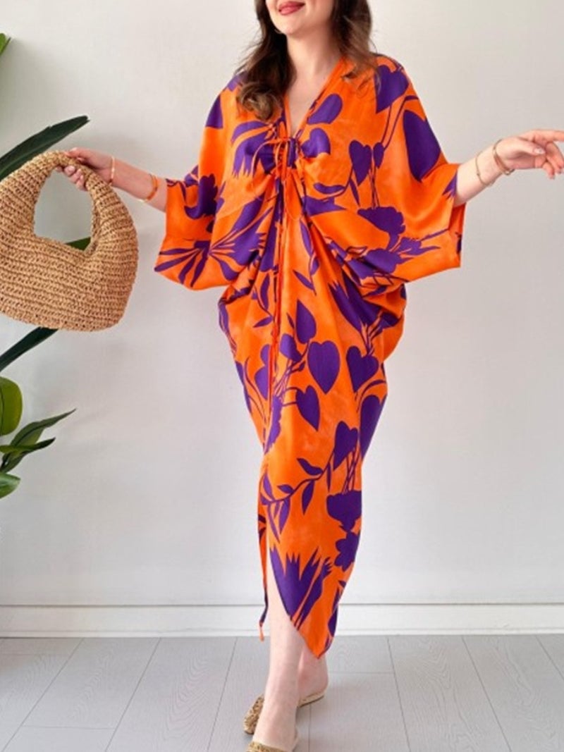💃 FASHION PRINTED LOOSE BAT SLEEVES V-NECK DRAWSTRING DRESS