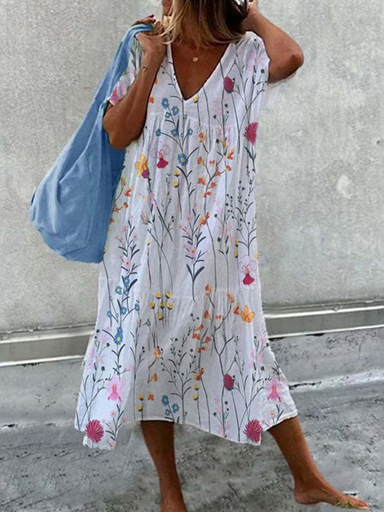 Flower Art Print V Neck Midi Dress