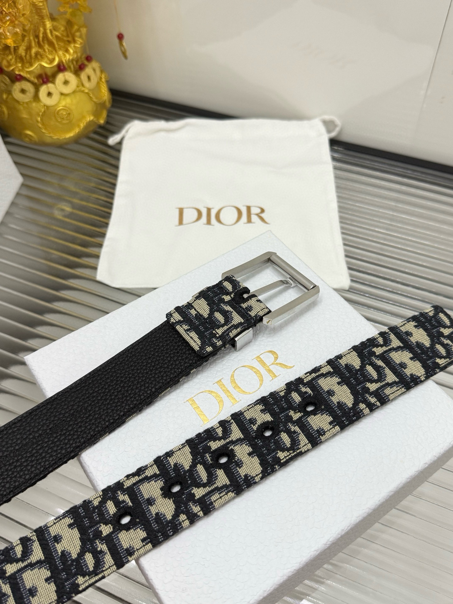 Dior pin buckle canvas leather belt 3.5CM wide