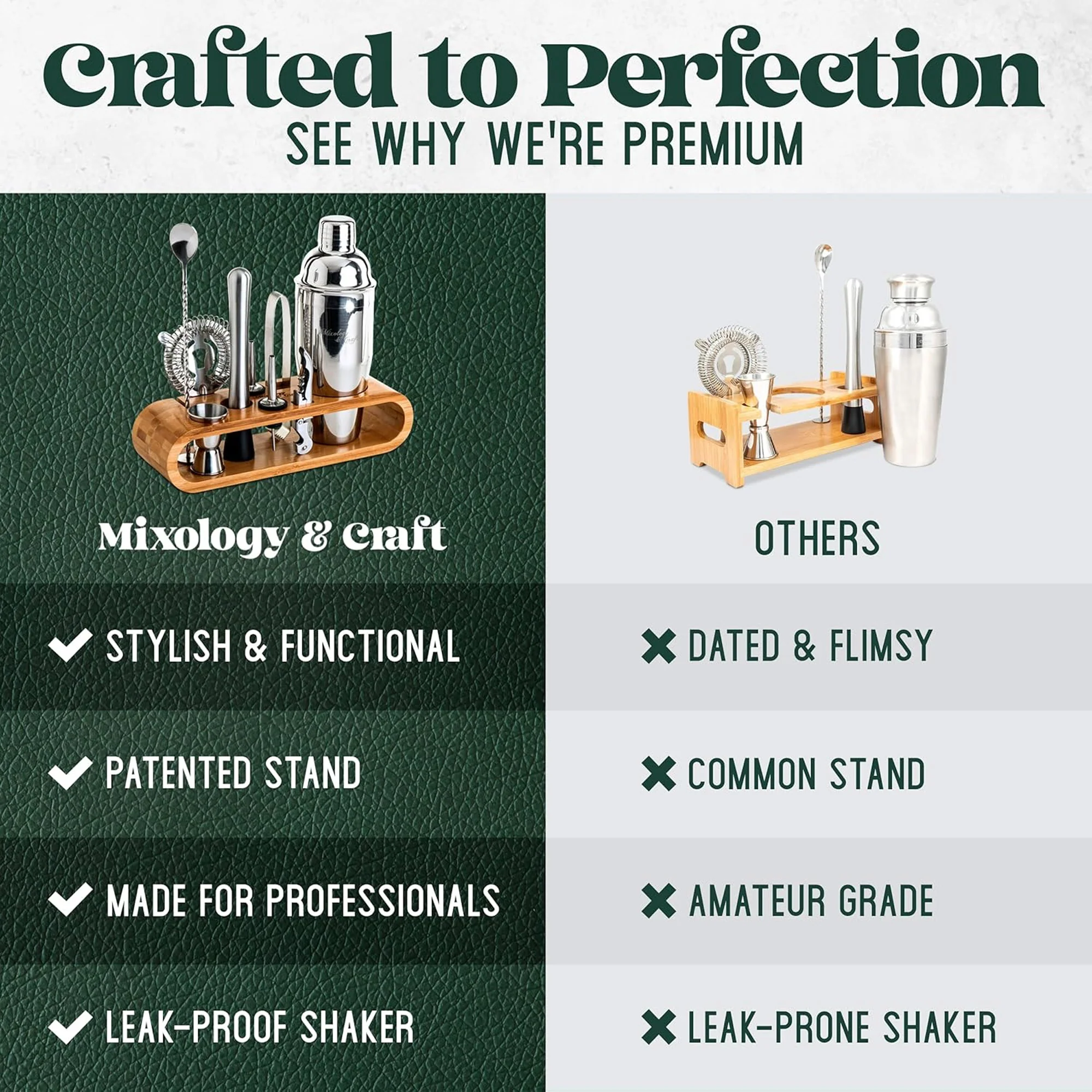 Mixology & Craft 10 Piece Bartender Kit Bar Tool Set with Bamboo Stand, Silver, 2.8 Ounces