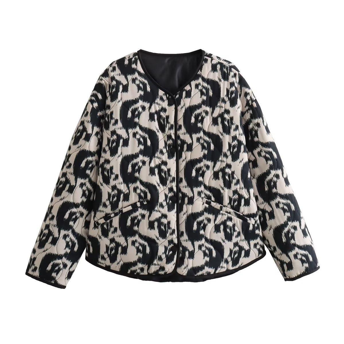 Autumn Winter Collarless Animal Print Loose Cotton Coat Jacket Coat Women