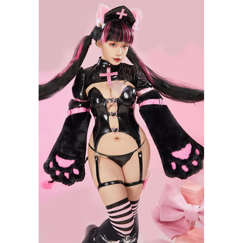 Cosplay Nurse Cat Paw Hollow Out PU Lingerie Set
