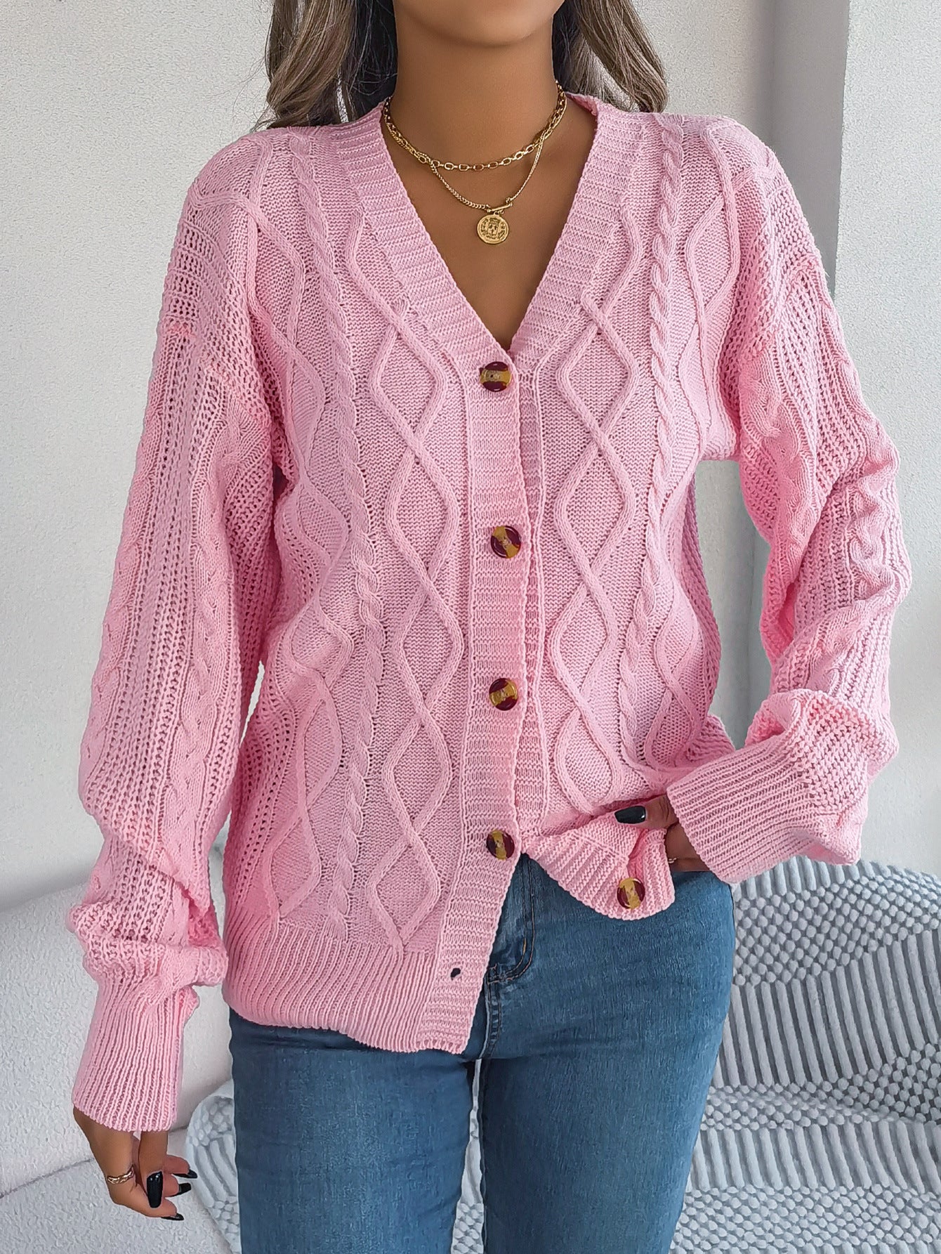 V-neck Lantern Sleeve Twist Button Sweater Coat for Women | Stylish Knitwear