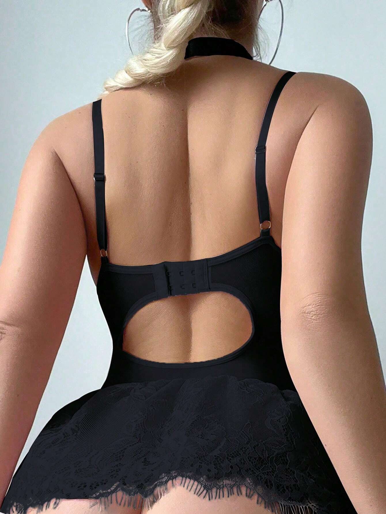 Body-shaping strappy sexy lace patchwork bodysuit lingerie set