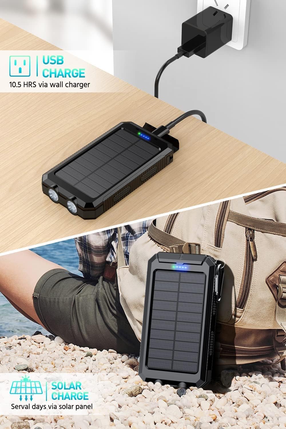 Power-Bank-Portable-Charger-Solar - 36800mAh Waterproof Portable External Backup Battery Charger Built-in Dual QC 3.0 5V3.1A Fast USB and Flashlight for All Phone and Electronic Devices (Deep Orange)