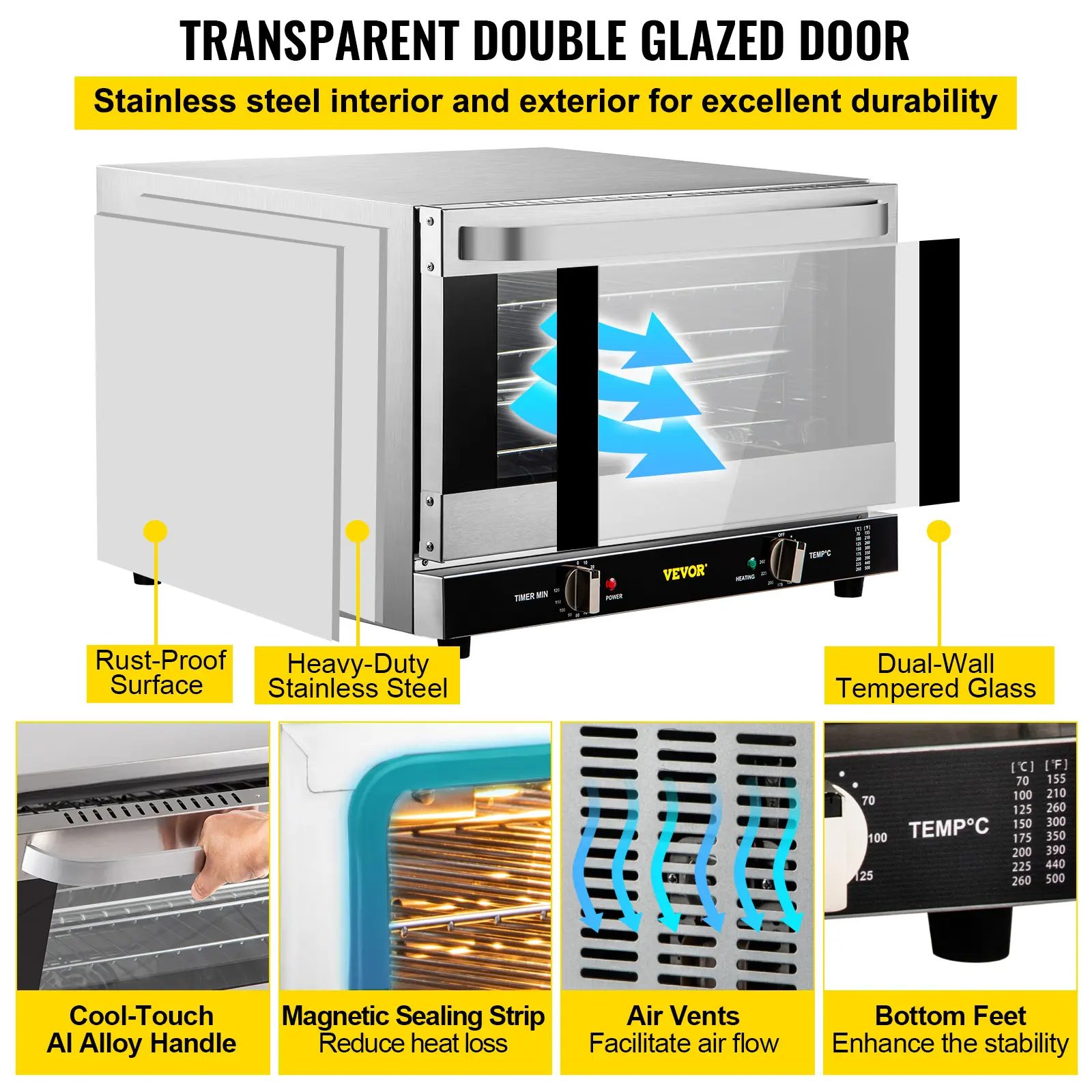 Commercial Convection Oven, 66L/60Qt, Half-Size Conventional Oven Countertop, 1800W 4-Tier Toaster with Front Glass Door, Electric Baking Oven with Trays Wire Racks Clip Gloves, 120V, ETL Listed