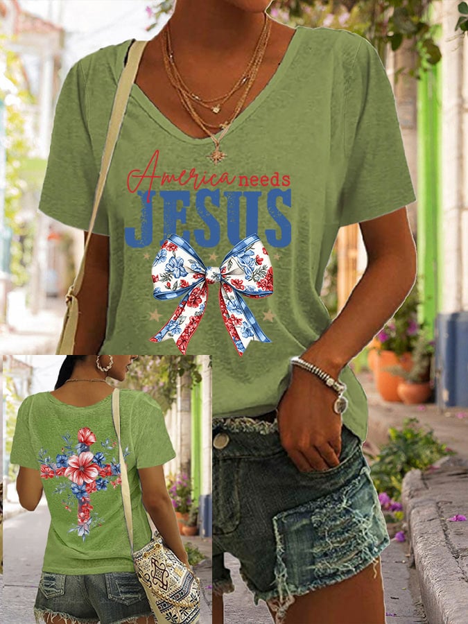 Women's America Needs Jesus Print V Neck Casual T-Shirt