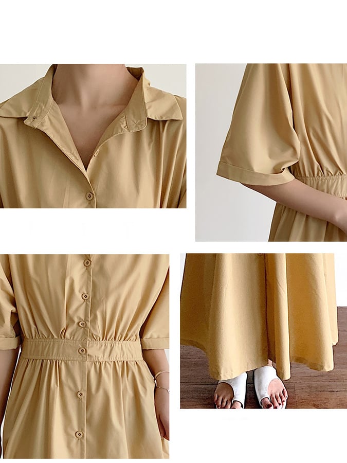 Women's Solid Color Single-Breasted Mid-Length Loose Cotton And Linen Casual Dress