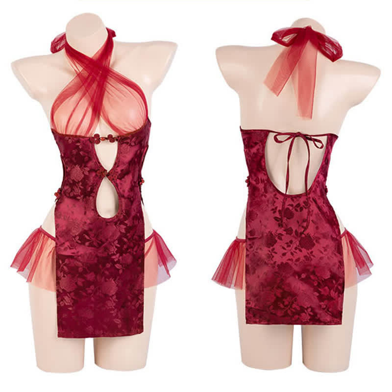Vintage Halter Hollow Out Tulle Lingerie Cheongsam Dress