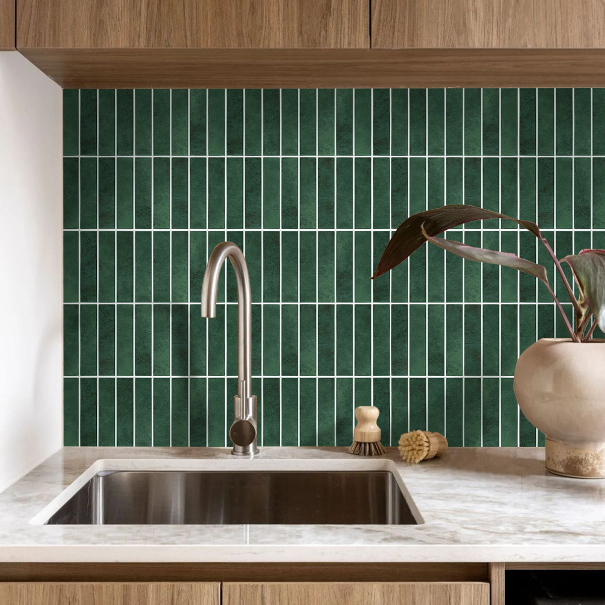 3D Forest Green Matt Straight Linear Mosaic Peel and Stick Wall Tile