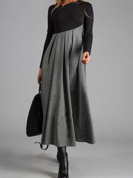 A long-sleeved V-neck dress with irregular tweed stitching