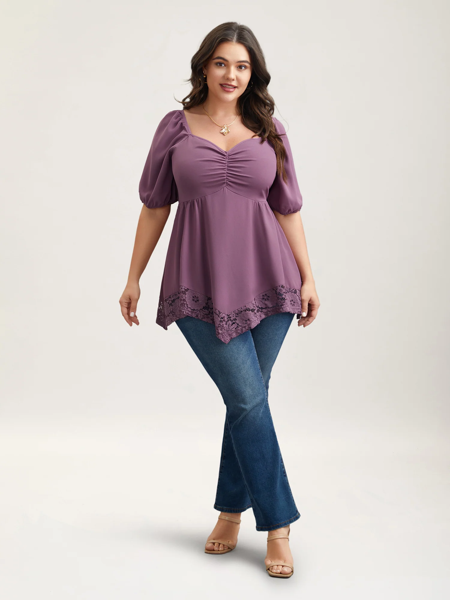 Sweetheart Neck Lace High-Low Hem Shirt