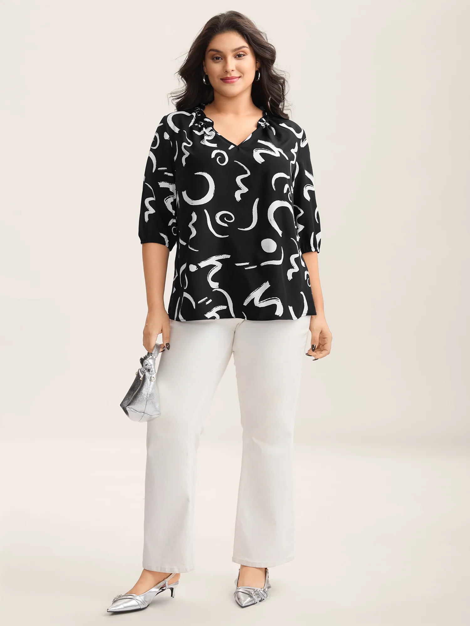 Scribble Print Ruffled Split Neck Blouse