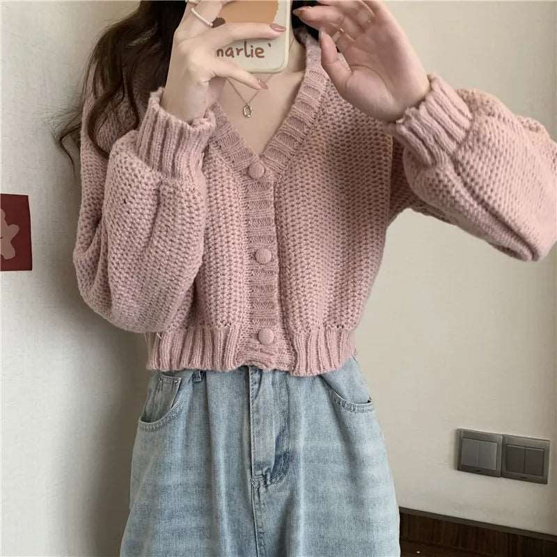 Button-Up V-Neck Knit Cardigan