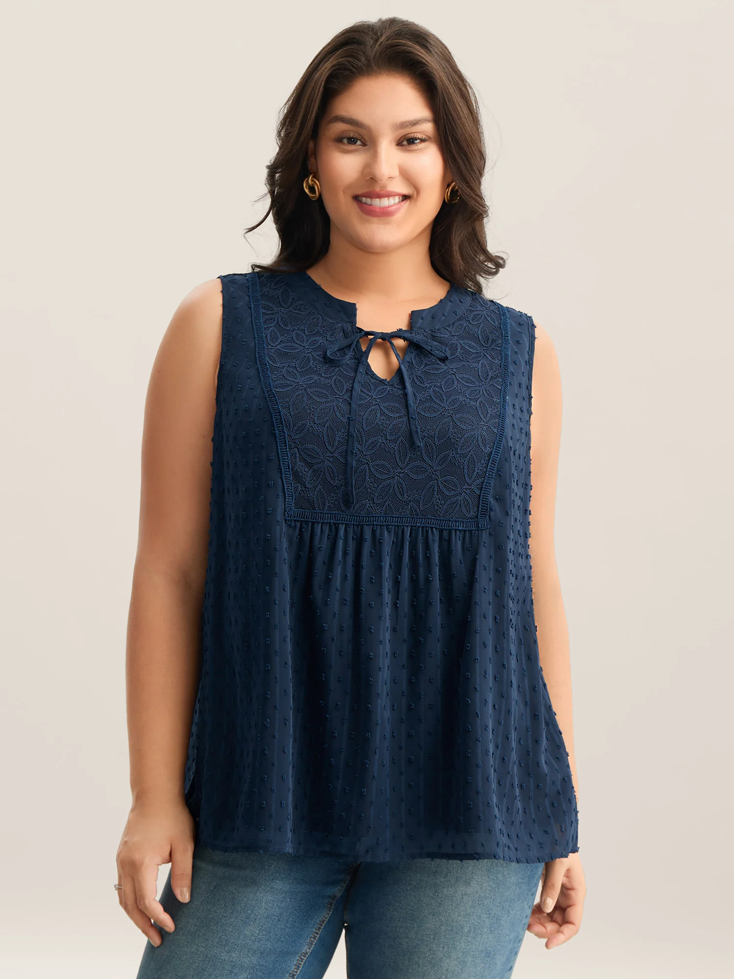 Textured Lace Detail Neck Tie Sleeveless Top