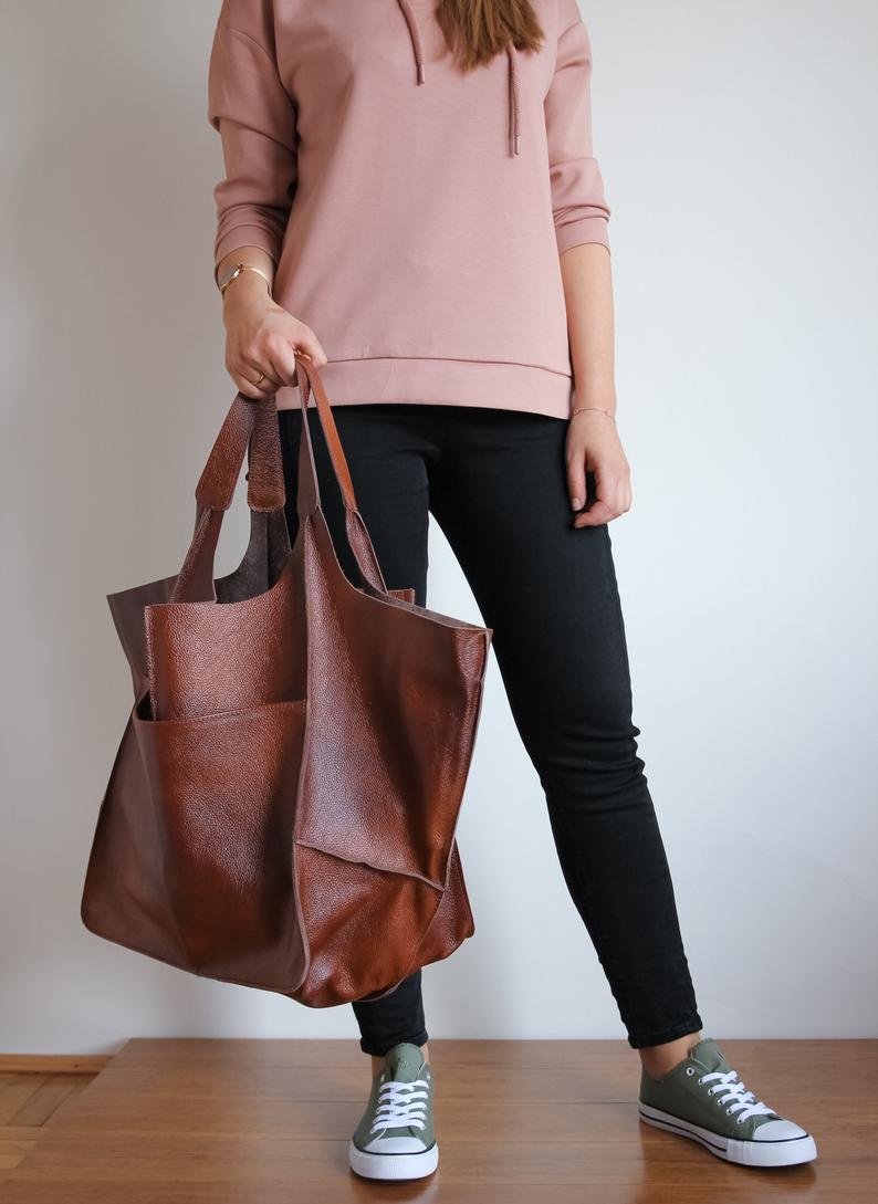 COGNAC LEATHER TOTE bag, Slouchy Tote, Cognac Handbag for Women, Every Day Bag, Women leather bag, Weekender Oversized bag