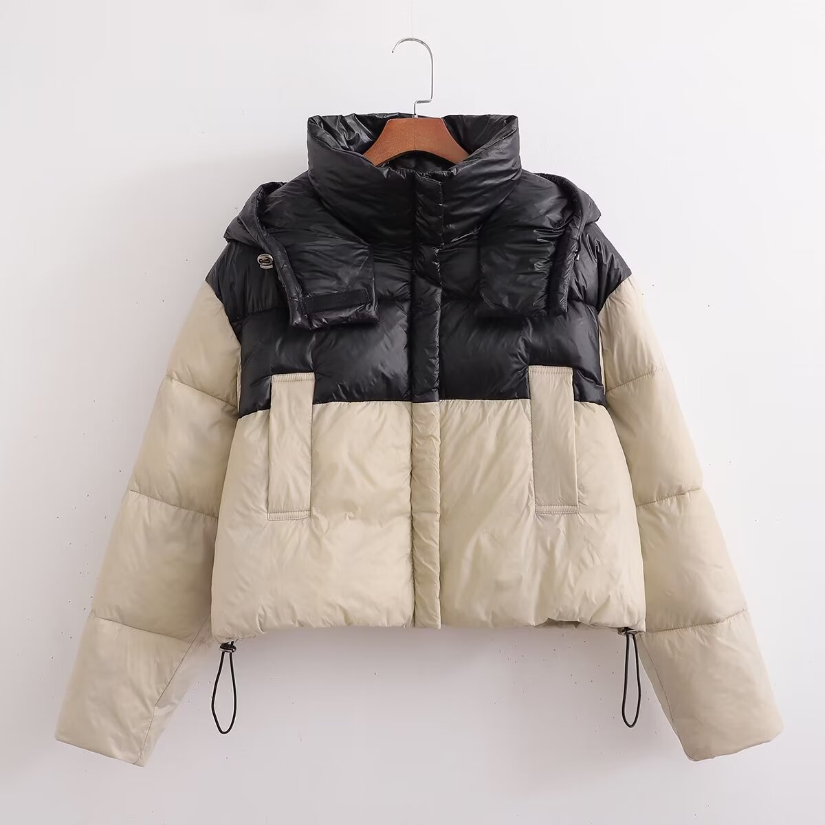Women Clothing Thick Contrast Color Hooded Cotton Coat Winter Short Western Cotton Padded Jacket