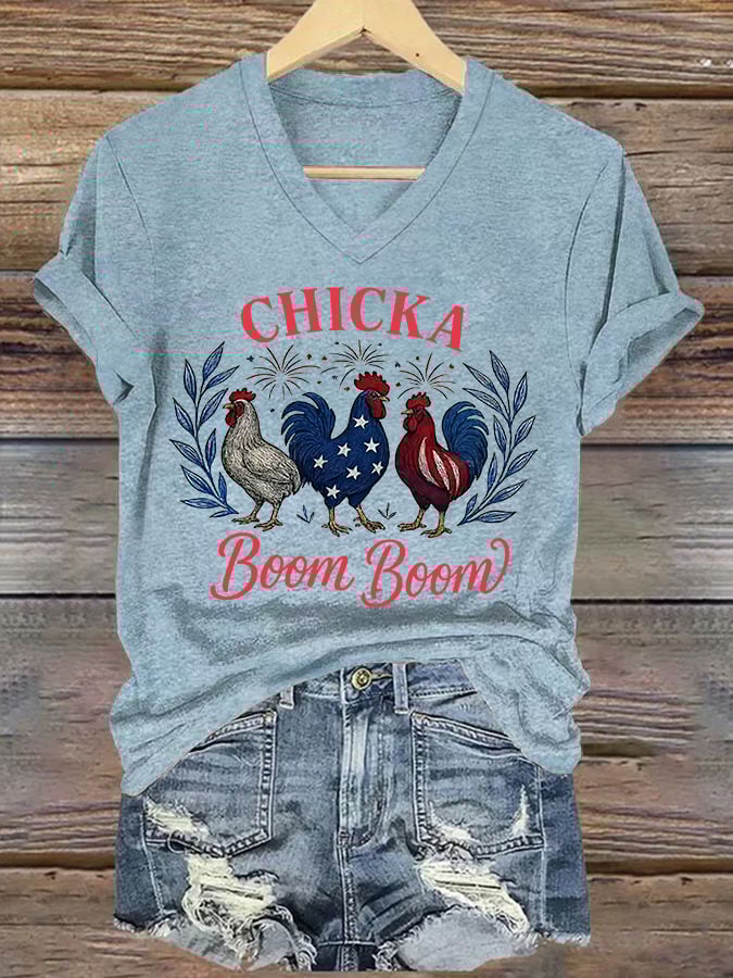 Women's Chicka Boom Boom Patriotic Rooster Print T-shirt