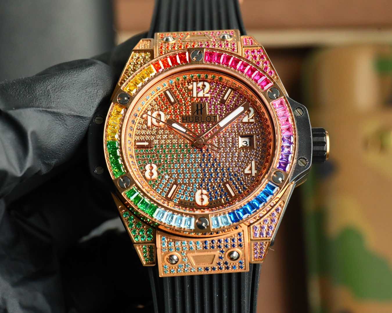 Hublot Big Bang stainless steel rainbow diamond watch